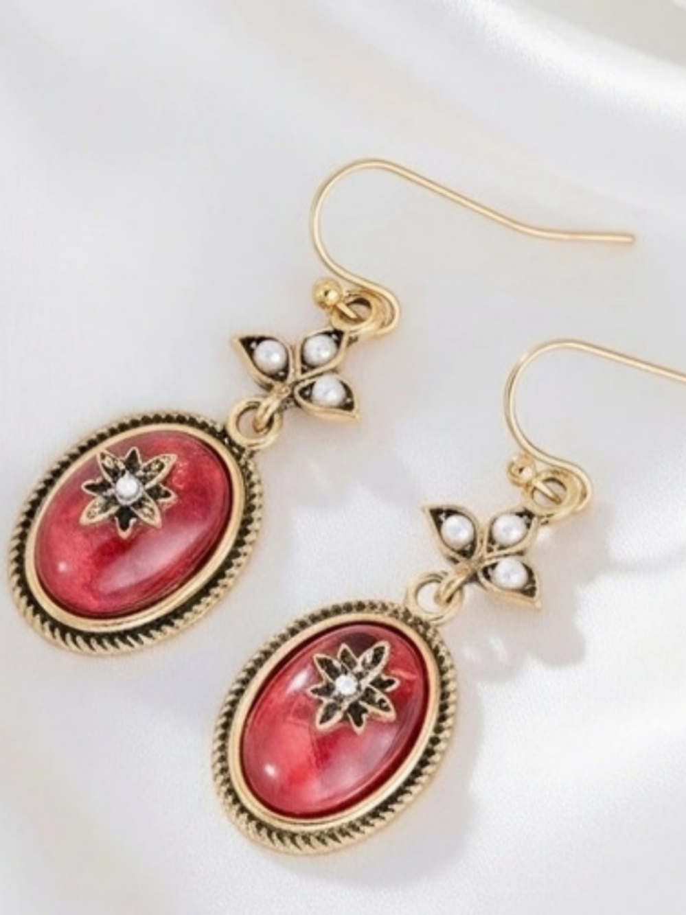 Red Oval Drop Earrings In Gold Settings